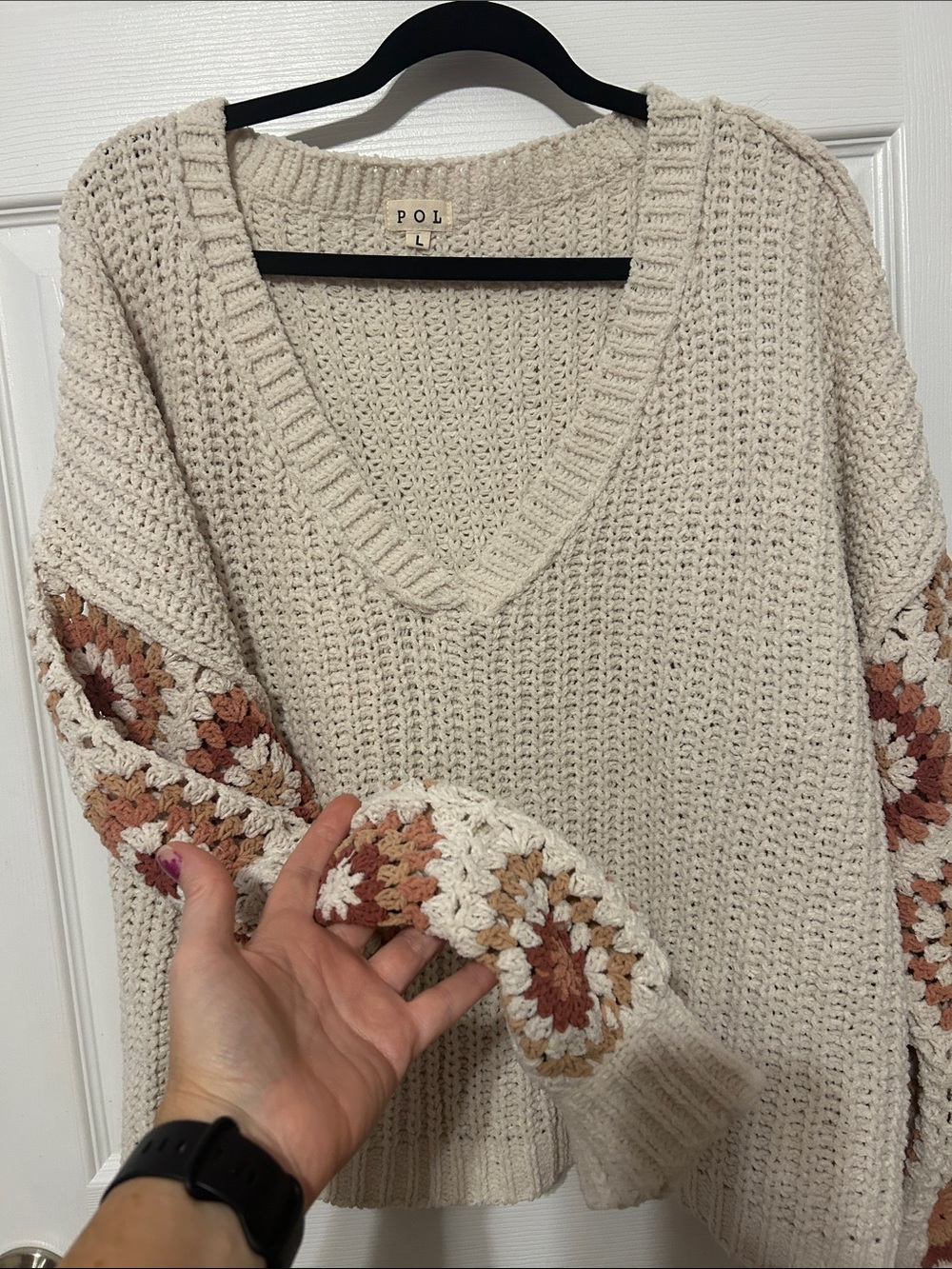 POL Cream V-Neck Sweater with Rust and Tan Crochet Sleeves - Picture 7 of 7